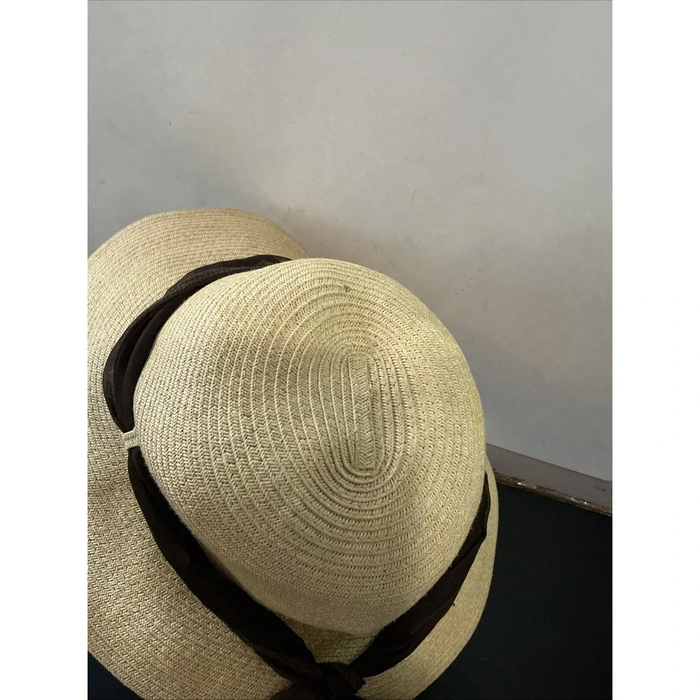 Coolibar Womens Packable Straw Sun Hat Brown Ribbon Bow Wide Brim Beige One Size